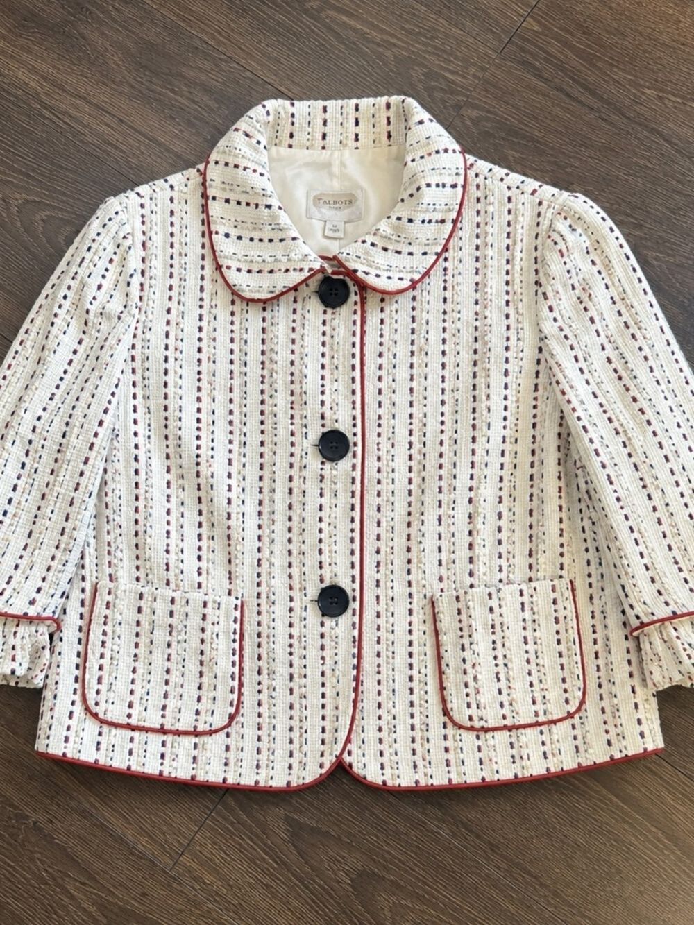 Talbots Petites Cream Striped Jacket Red Piping Navy Trim Blazer Women's 10P